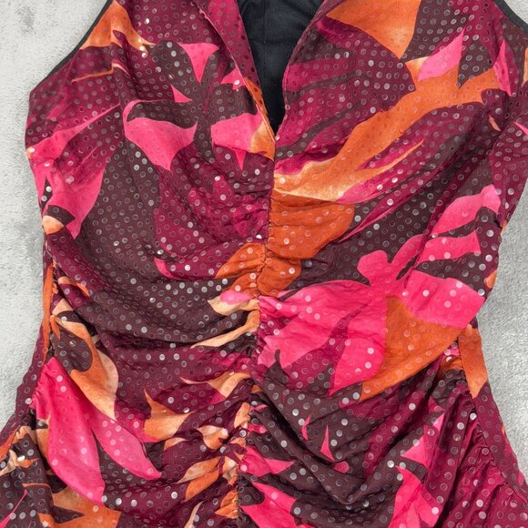 Vintage Cache Sequins Paillettes Ruched Floral Top Y2K Sleeveless Collared USA - Picture 3 of 9